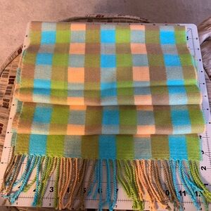 NWOT 12x62” 100% Cashmere Colorful Checkered Scarf with Fringe